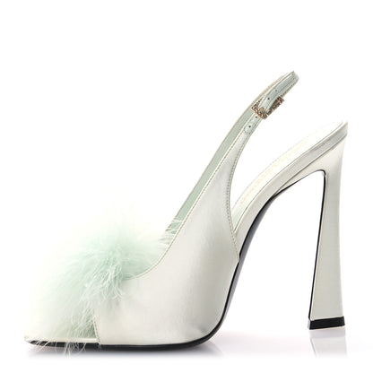 Saint Laurent Crepe Satin Blanco Feathered Sandals Slight 38 Green 1 of 10