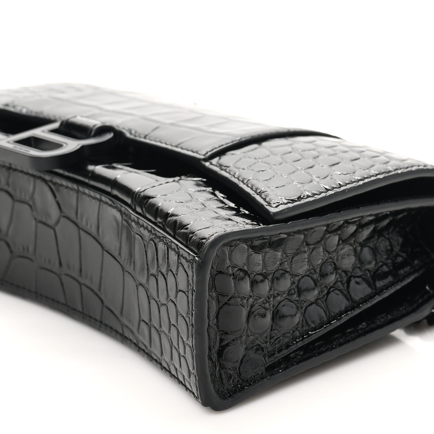 Shiny Calfskin Monochrome Crocodile Embossed Small Hourglass Evening Chain Bag Black
