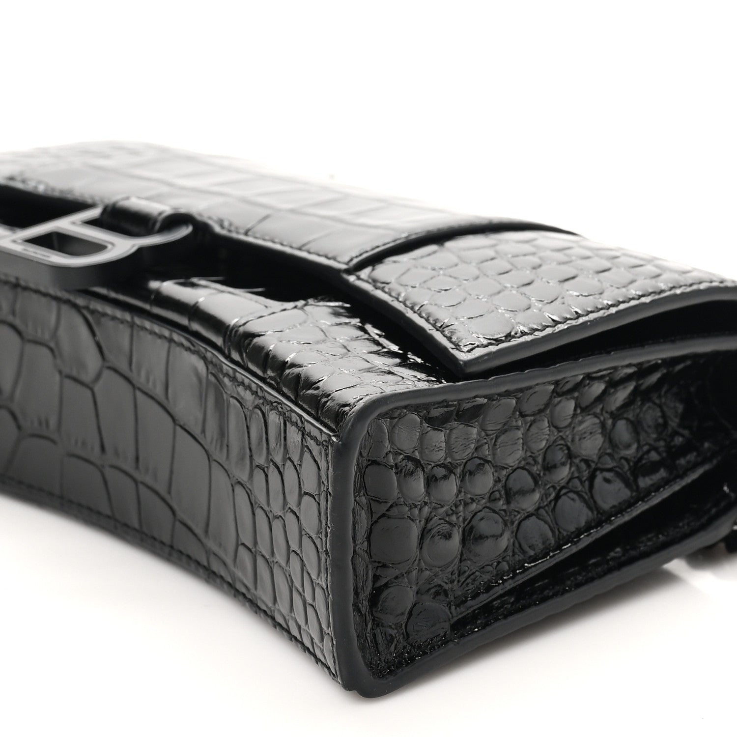 Balenciaga Shiny Calfskin Monochrome Crocodile Embossed Small Hourglass Evening Chain Bag Black 9 of 10