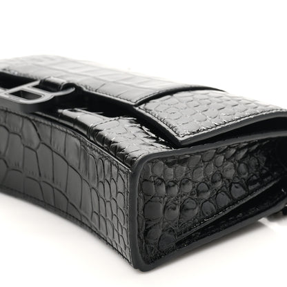 Balenciaga Shiny Calfskin Monochrome Crocodile Embossed Small Hourglass Evening Chain Bag Black 9 of 10
