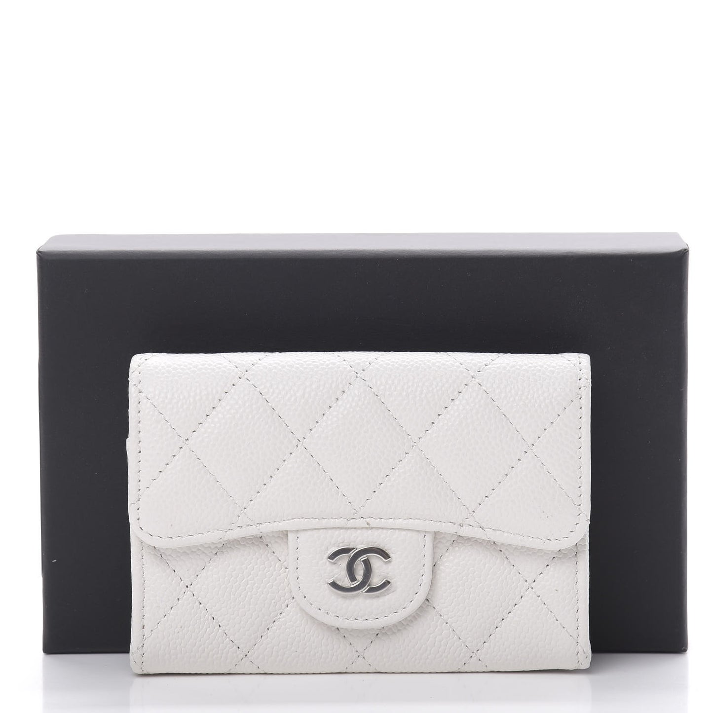Caviar Quilted Flap Card Holder Wallet White