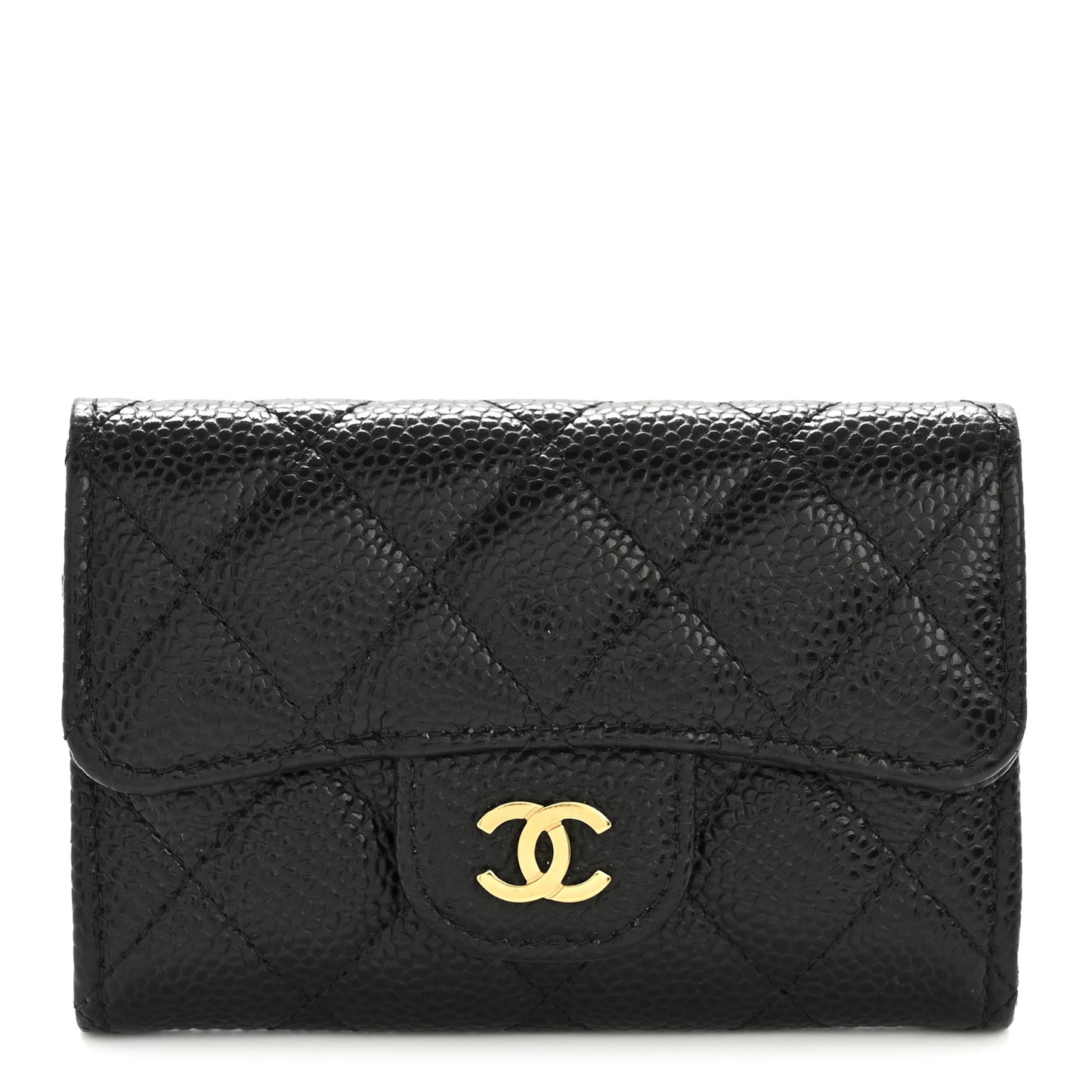 Caviar Quilted Flap Card Holder Wallet Black