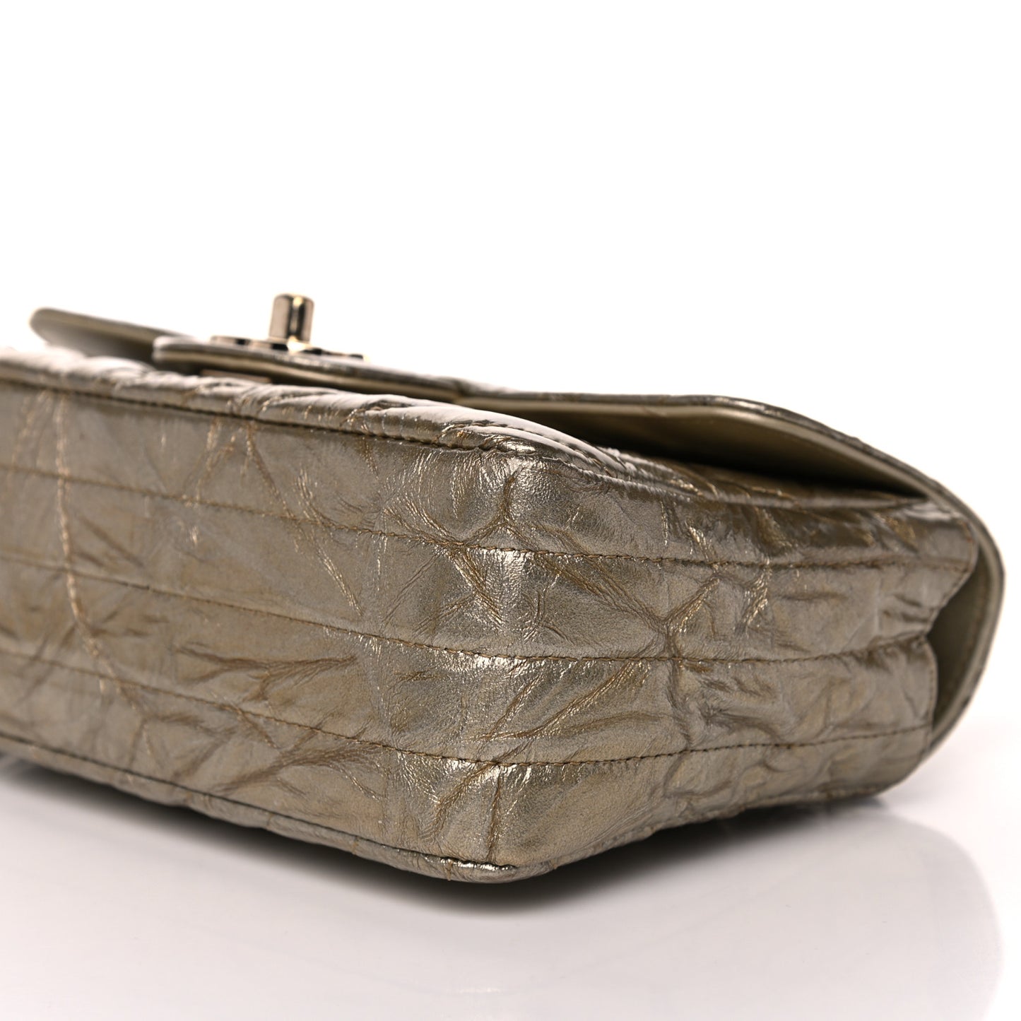 Patent Metallic Crumpled Calfskin Chevron Quilted Mini Rectangular Flap Gold