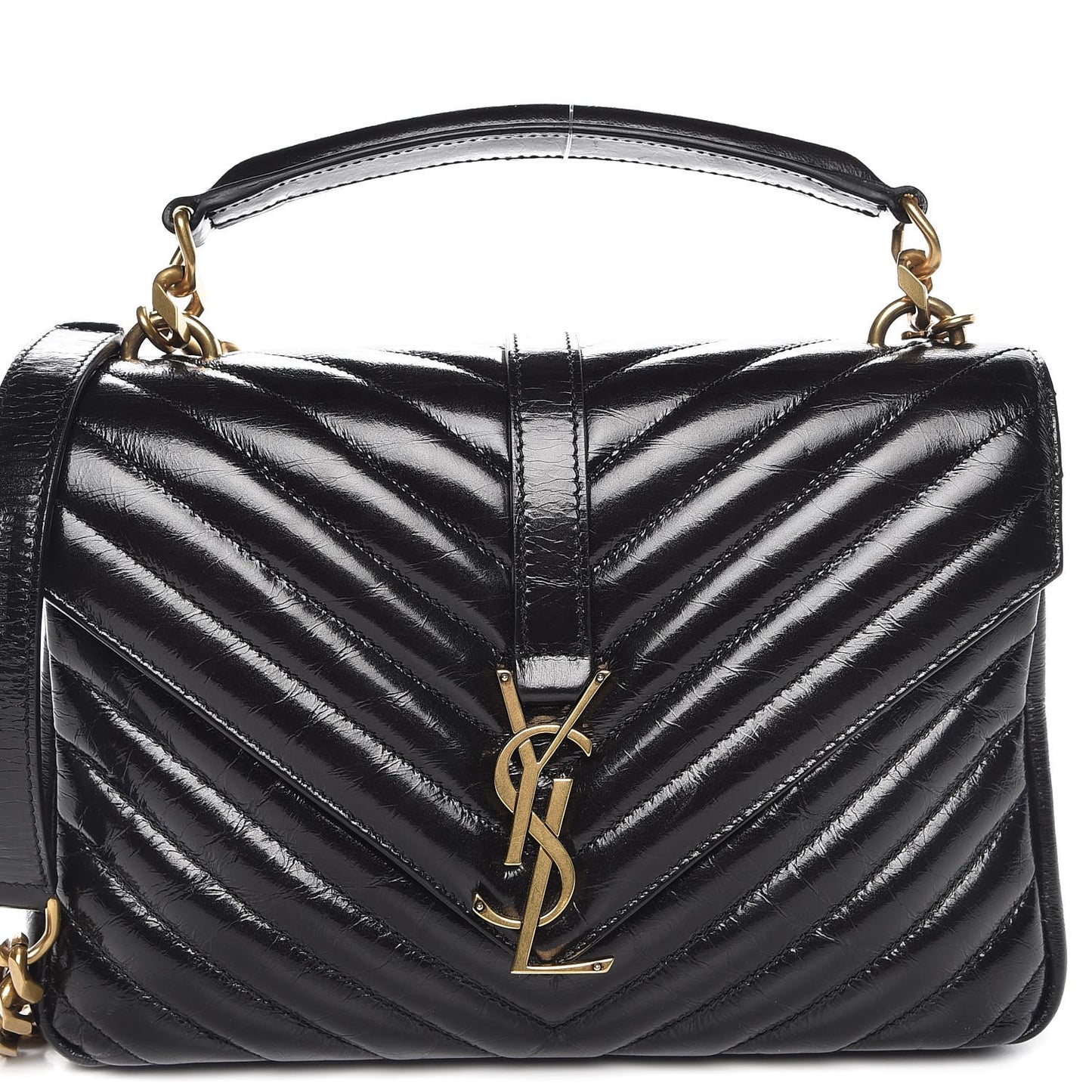 Cracked Shiny Calfskin Matelasse Chevron Monogram Medium College Bag Black