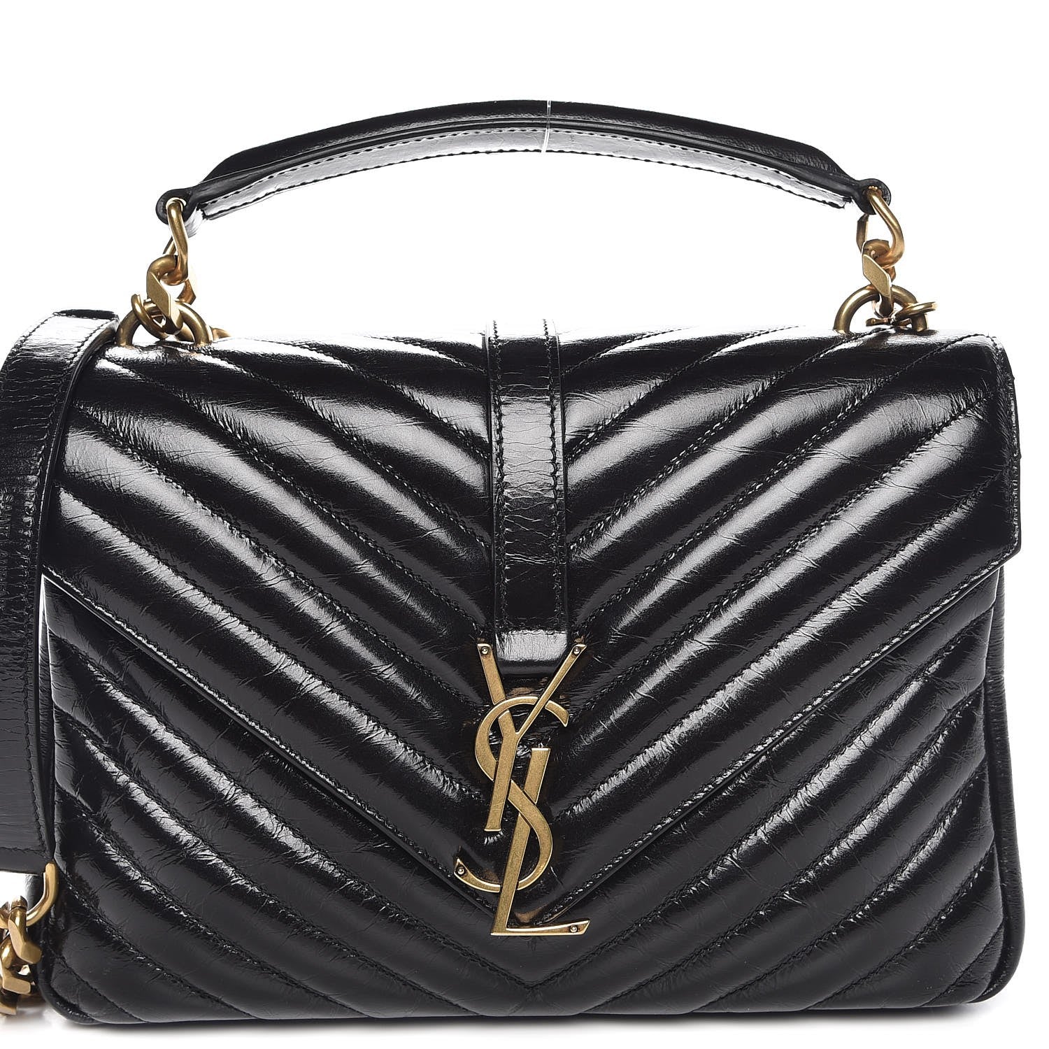 Saint Laurent Cracked Shiny Calfskin Matelasse Chevron Monogram Medium College Bag Black 1 of 14