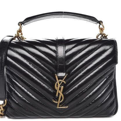 Saint Laurent Cracked Shiny Calfskin Matelasse Chevron Monogram Medium College Bag Black 1 of 14