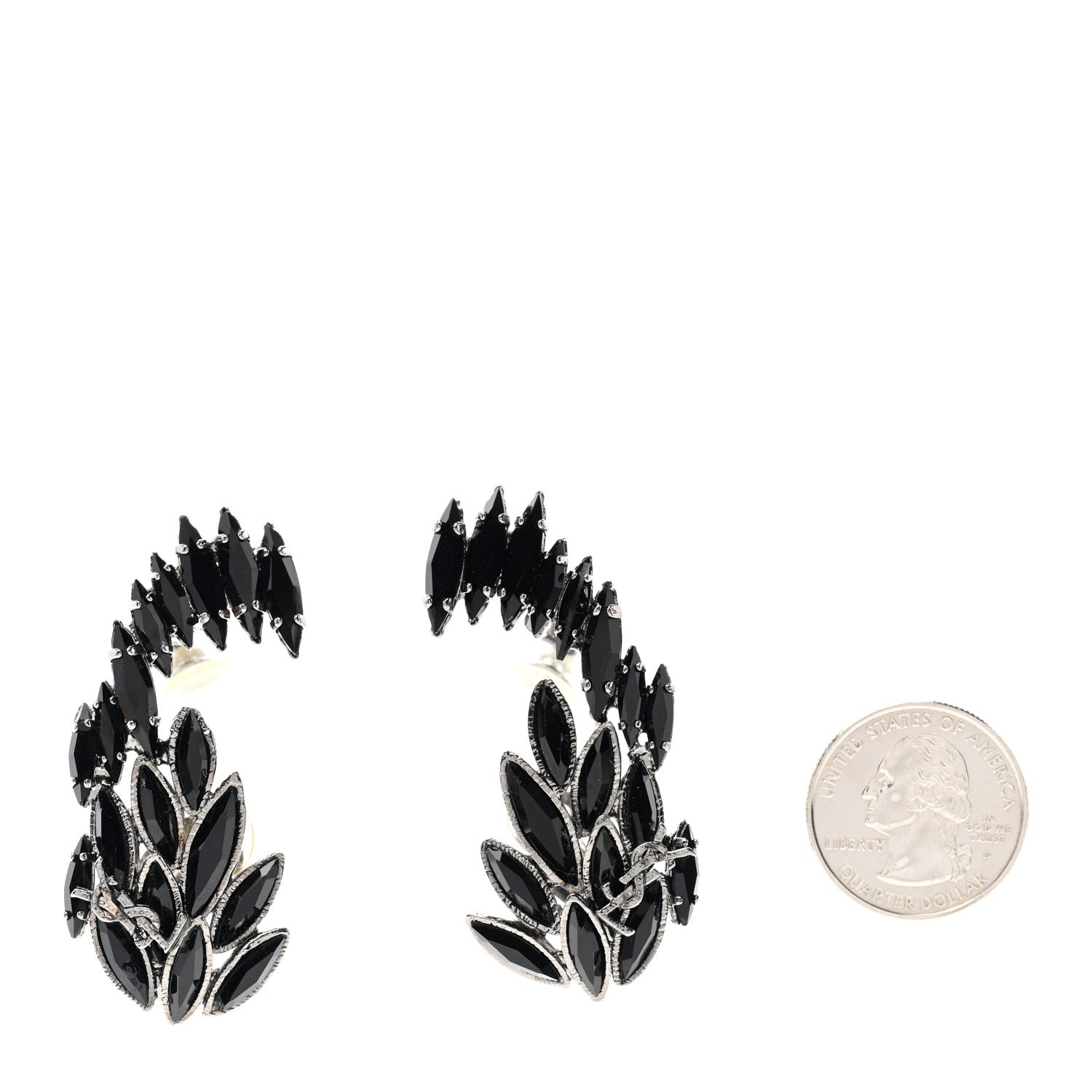 Saint Laurent Crystal Monogram Clip Earrings Silver Black 2 of 4