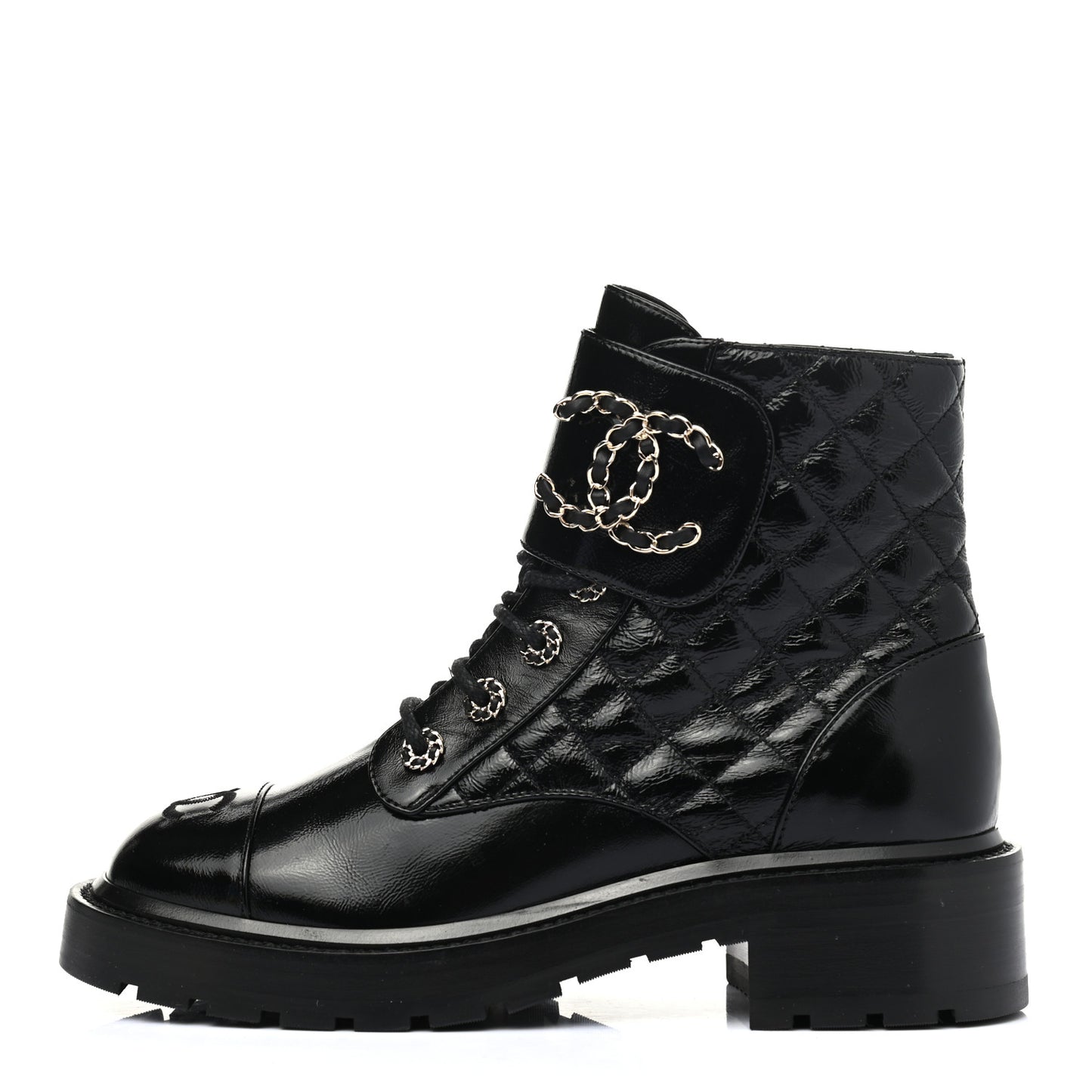 Shiny Calfskin Quilted Lace Up Combat Boots 37.5 Black