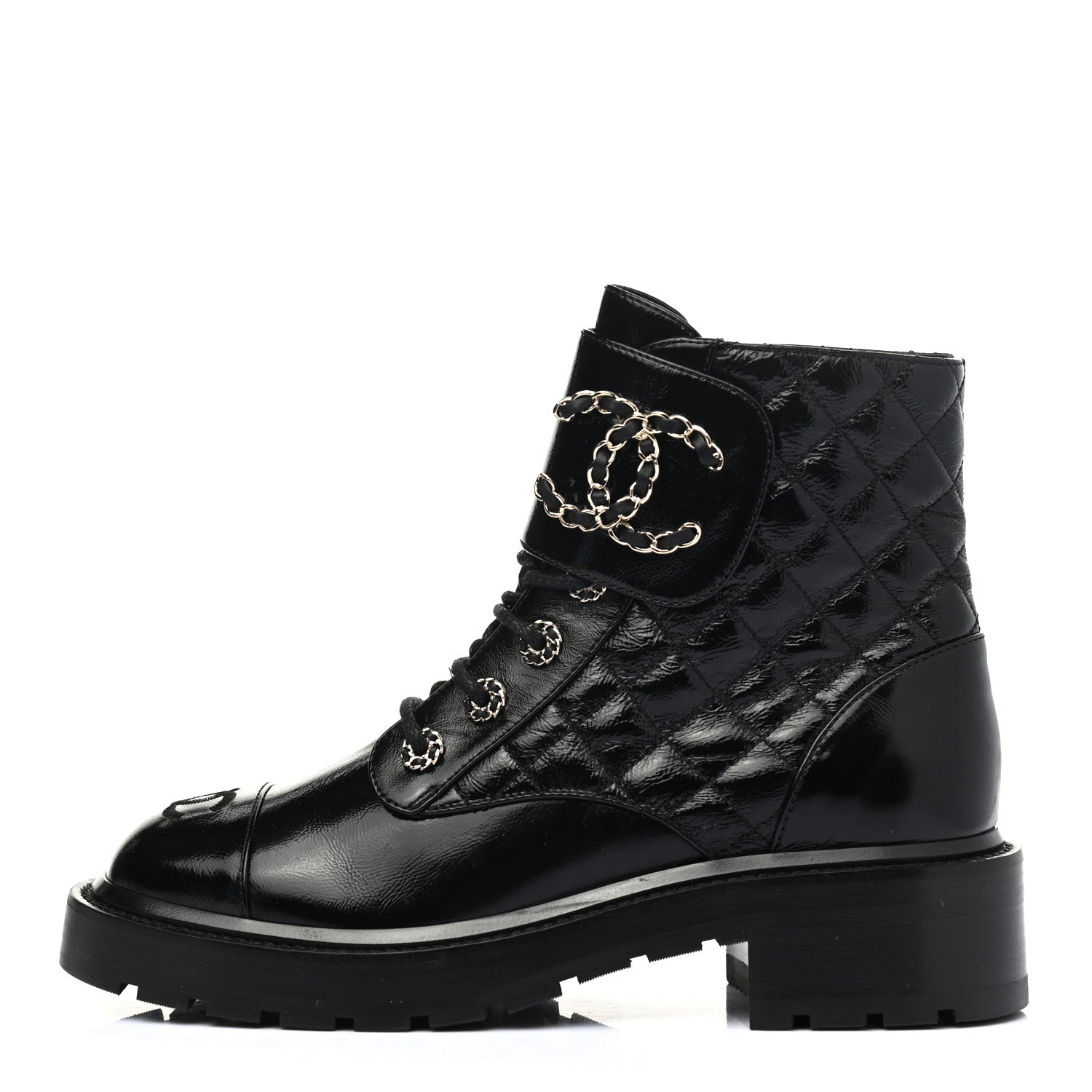 Chanel Shiny Calfskin Quilted Lace Up Combat Boots 37.5 Black 1 of 7