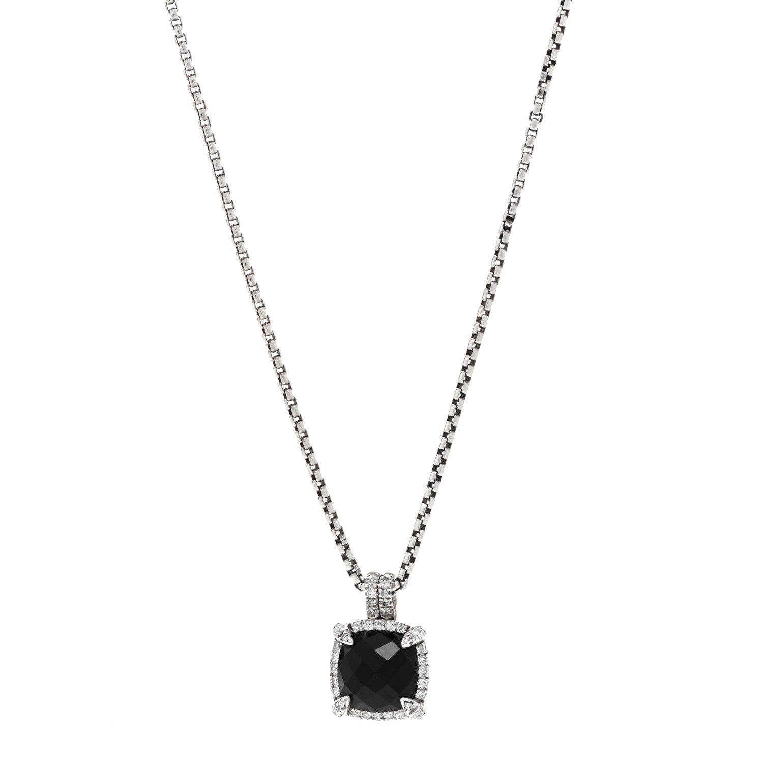 David Yurman Sterling Silver Diamond Black Onyx 9mm Chatelaine Pave Bezel Pendant Necklace 1 of 4