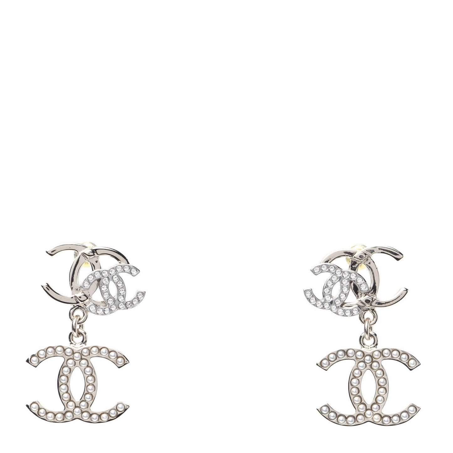 Crystal Pearl Double CC Drop Earrings Gold Silver