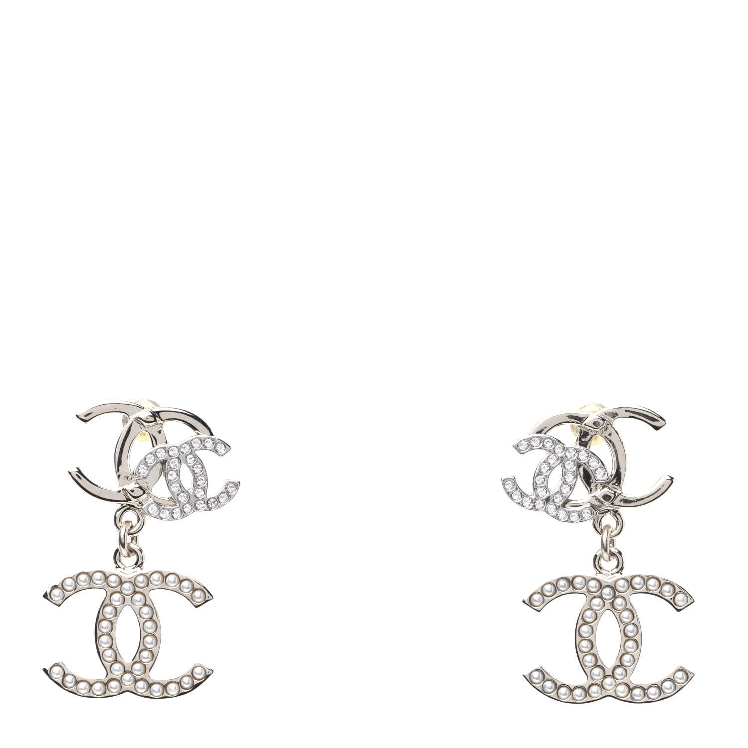 Chanel Crystal Pearl Double CC Drop Earrings Gold Silver 1 of 7