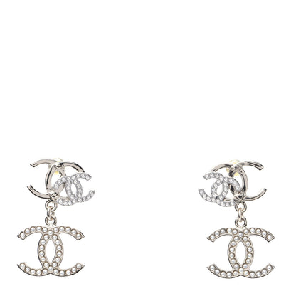 Chanel Crystal Pearl Double CC Drop Earrings Gold Silver 1 of 7