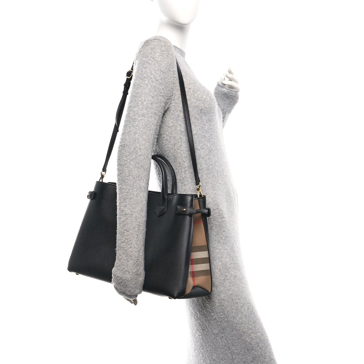 Burberry Grainy Calfskin House Check Large Banner Tote Black 2 of 9