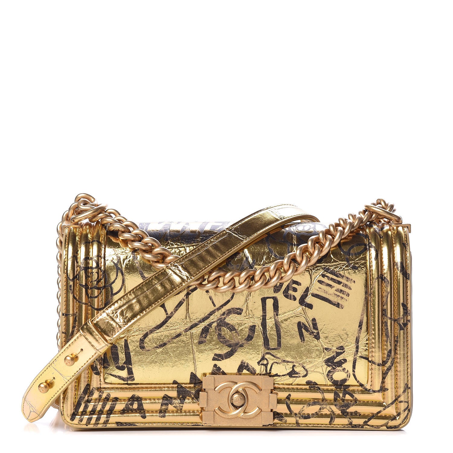 Chanel Metallic Calfskin Crocodile Embossed Graffiti Medium Cocodile Boy Flap Gold 1 of 13
