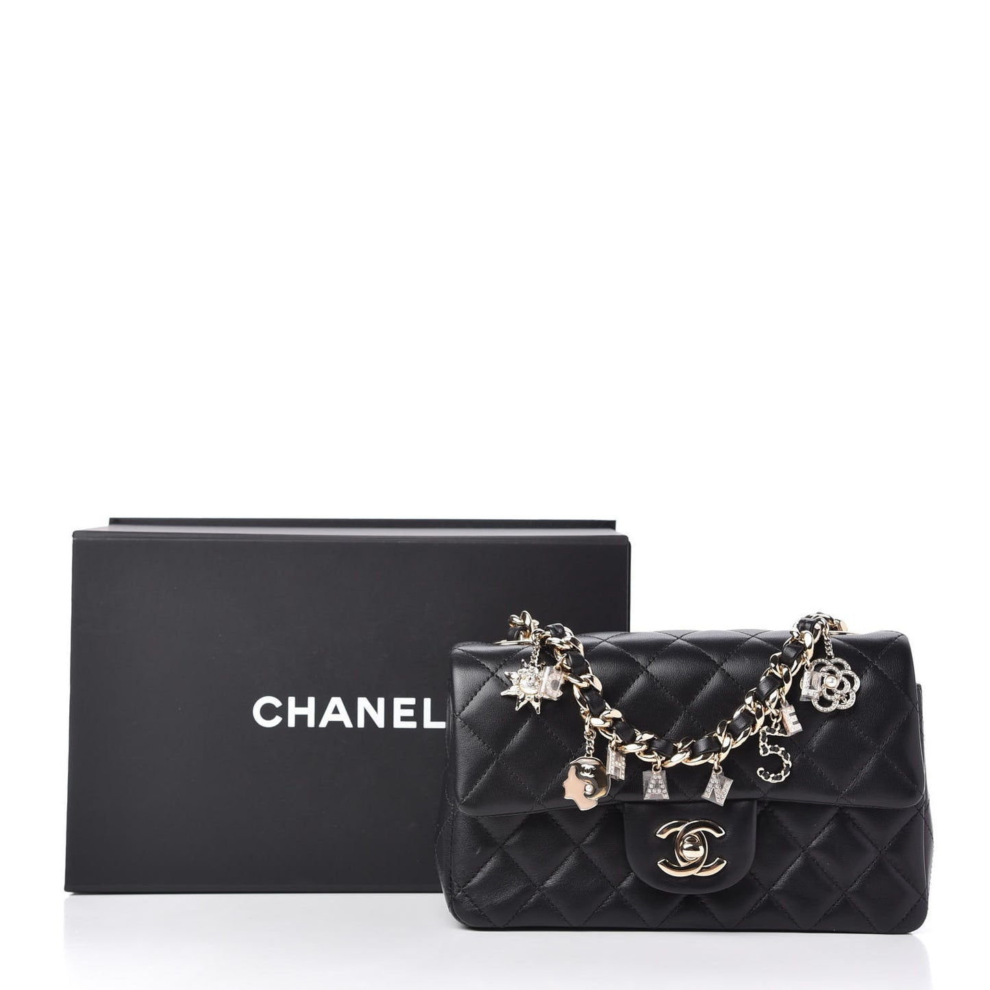 Lambskin Quilted Mini Coco Charms Rectangular Flap Black