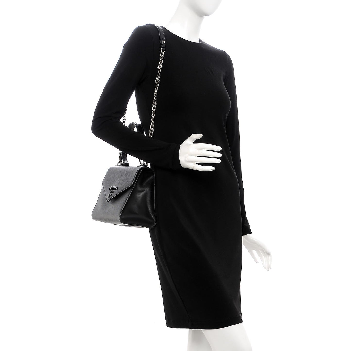 Saffiano Cuir Calfskin Monochrome Envelope Flap Top Handle Chain Shoulder Bag Black