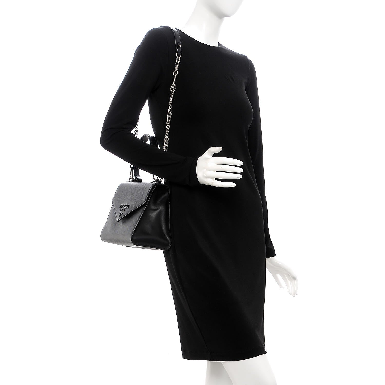 Prada Saffiano Cuir Calfskin Monochrome Envelope Flap Top Handle Chain Shoulder Bag Black 2 of 6