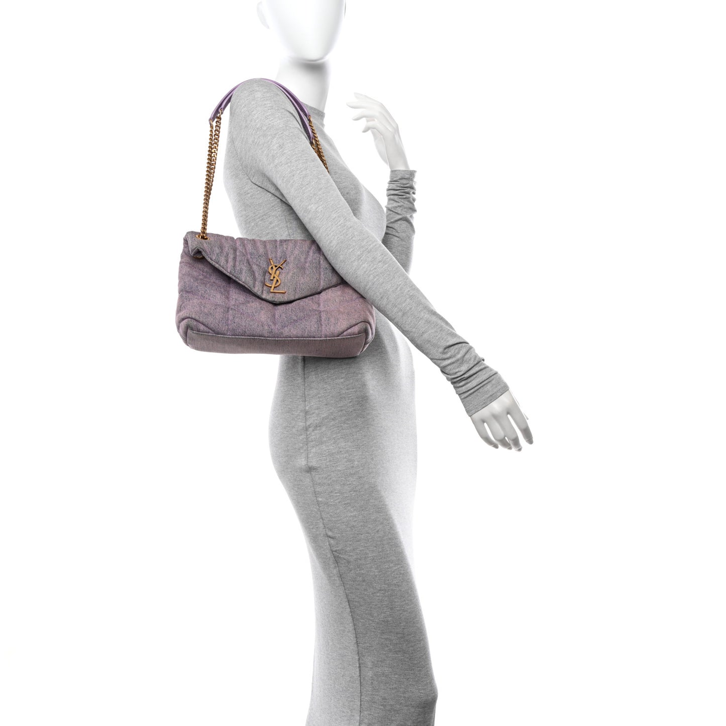 Denim Quilted Small Loulou Puffer Monogram Chain Satchel Bleached Lilac