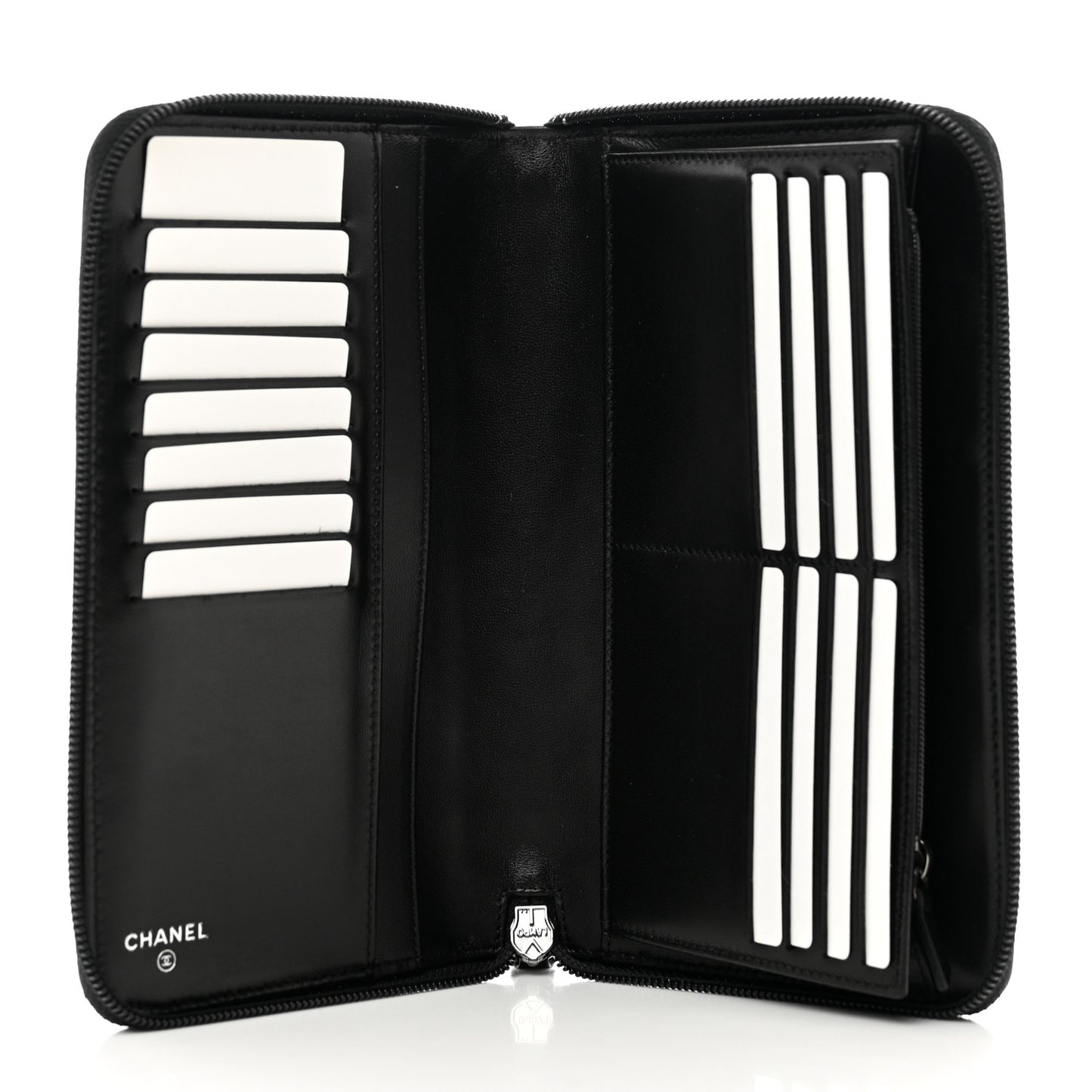 Lambskin Camellia Embossed Zip Around Organizer Wallet Black