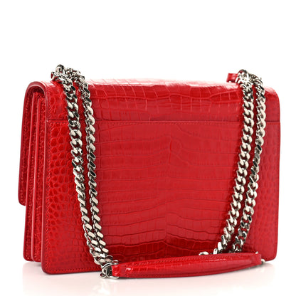 Saint Laurent Calfskin Crocodile Embossed Medium Monogram Sunset Rouge Eros 3 of 9