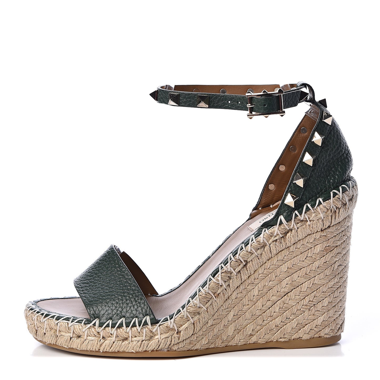 Grained Calfskin Rockstud Ankle Strap Espadrille 15/105mm Wedge Sandals 38 Army Green Natural