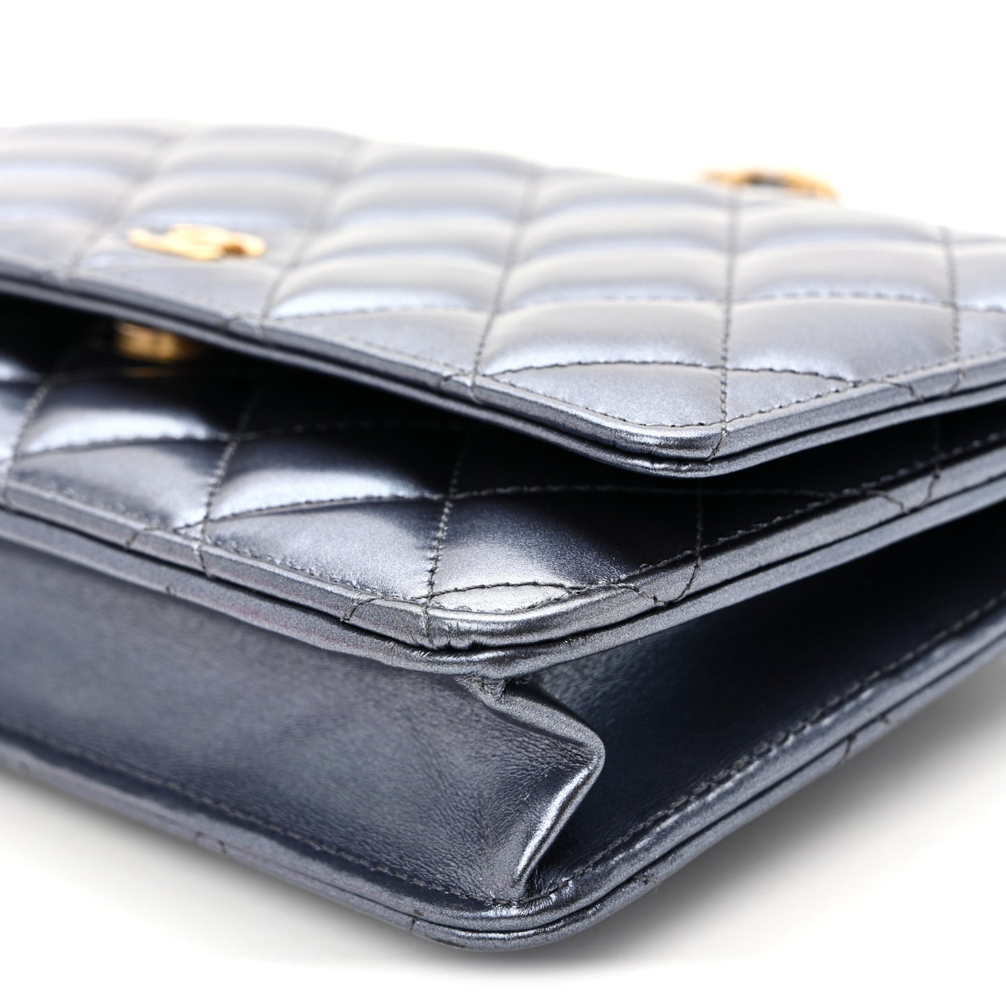 Metallic Calfskin Quilted Wallet On Chain WOC Navy Blue