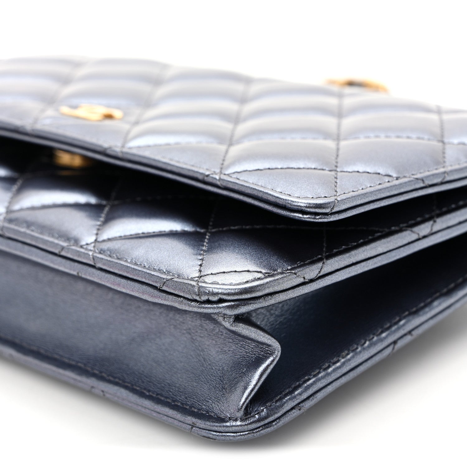 Chanel Metallic Calfskin Quilted Wallet On Chain WOC Navy Blue 11 of 12