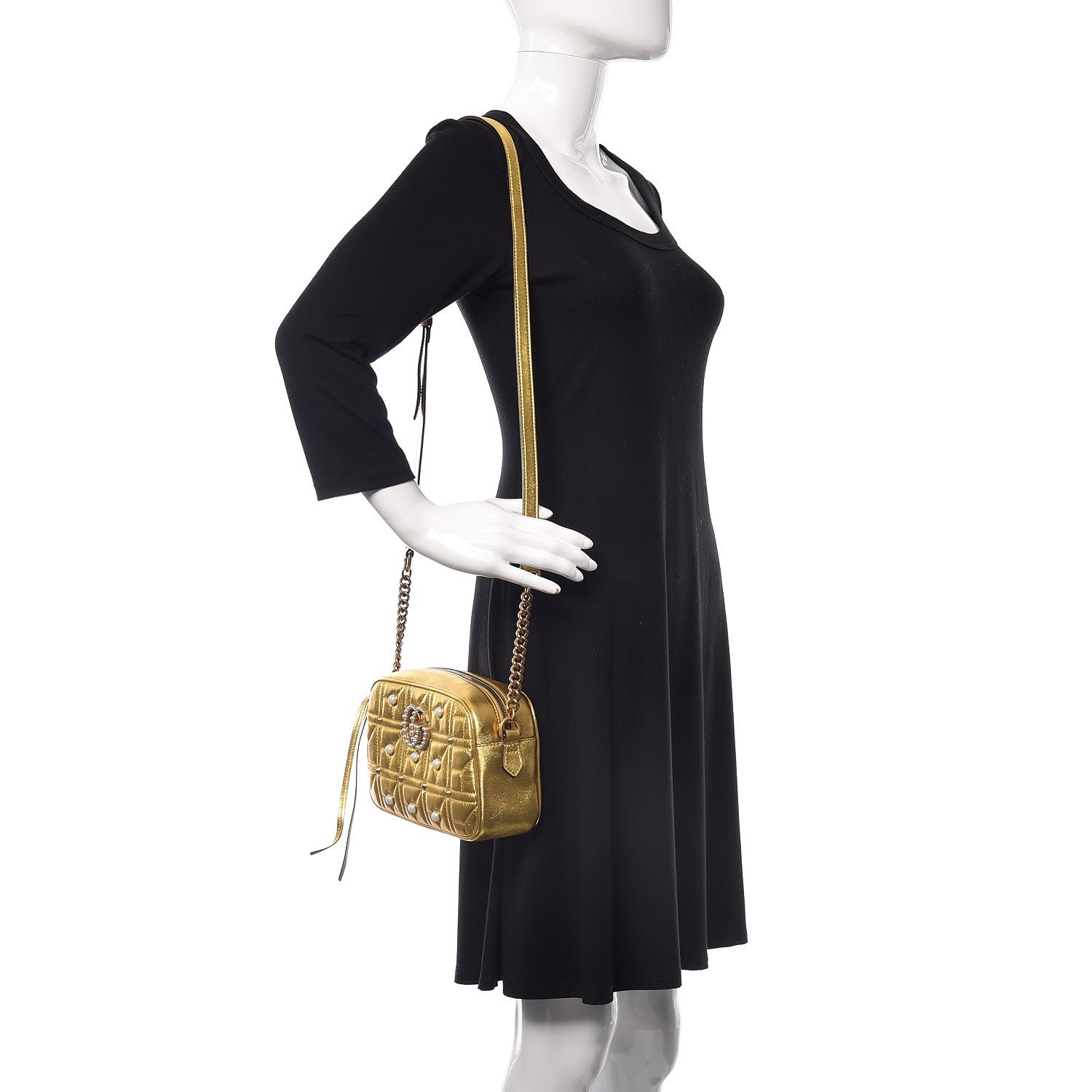 Gucci Metallic Calfskin Matelasse Studded Small Pearly GG Marmont Chain Shoulder Bag Gold 2 of 10