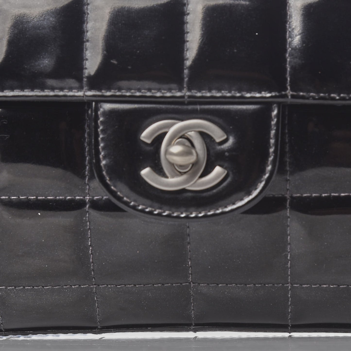 Patent Quilted East West Chocolate Bar Flap Black