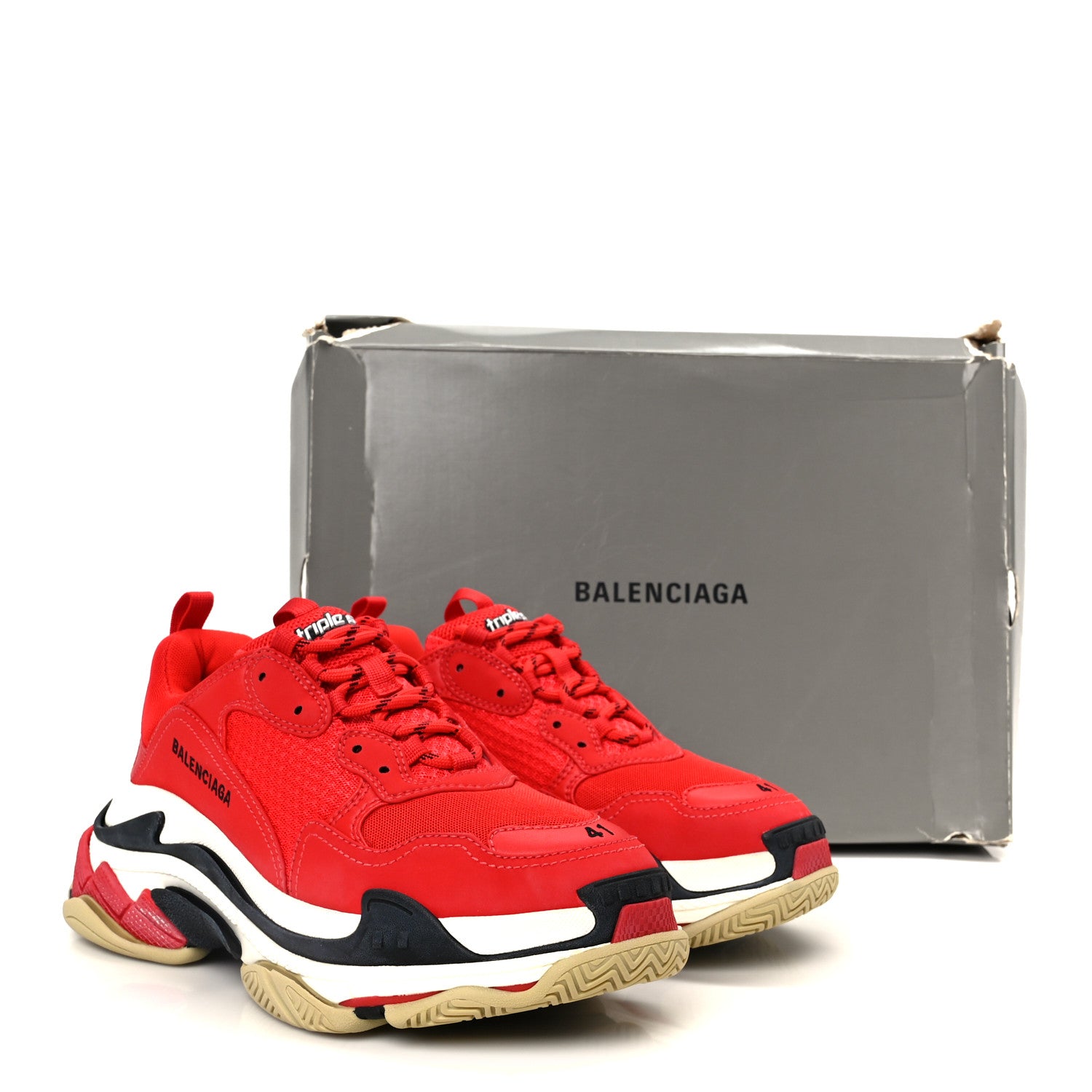 Balenciaga Washed Effect Fabric Mesh Mens Triple S Sneakers 41 Red Black 10 of 10