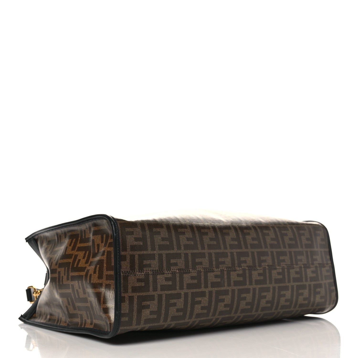 Fendi Glazed Fabric Vitello Century Plexiglass FF 1974 Stamp Patch Medium Runaway Shopper Tote Mogano Panna Black 4 of 10
