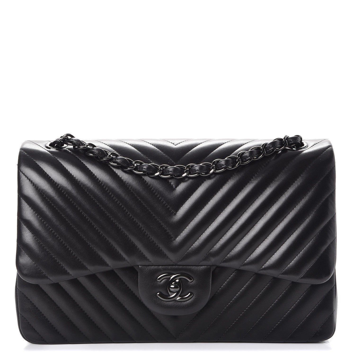 Chanel Lambskin Chevron Quilted Jumbo Double Flap So Black 1 of 9