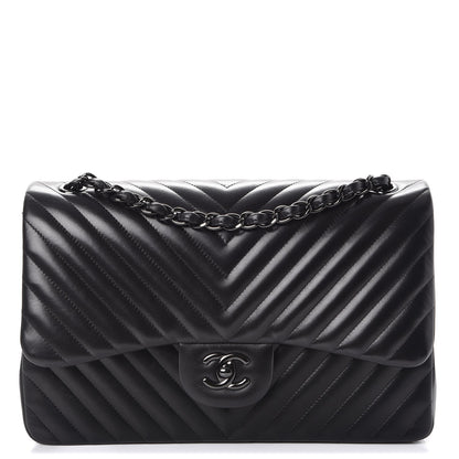 Chanel Lambskin Chevron Quilted Jumbo Double Flap So Black 1 of 9