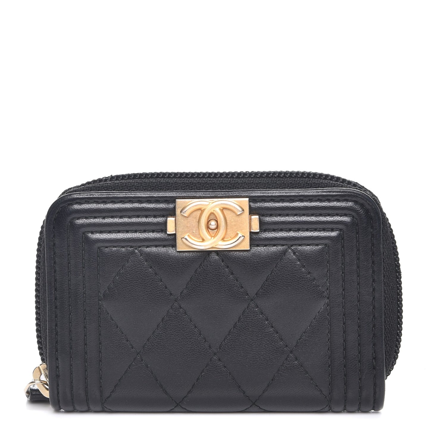 Lambskin Quilted Zip Around Boy Coin Purse Wallet Black