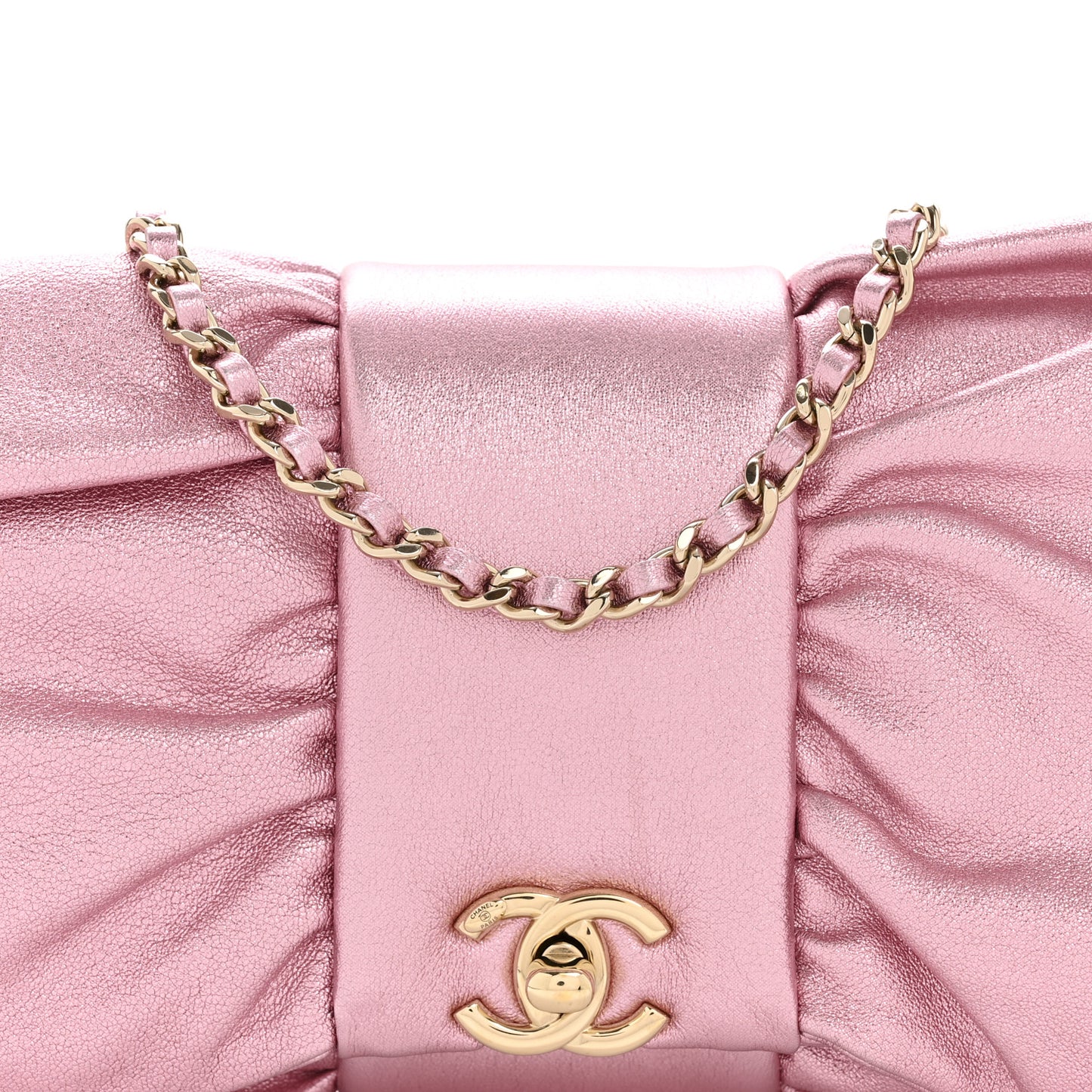Metallic Lambskin Tie My Bow Flap Clutch With Chain Pink