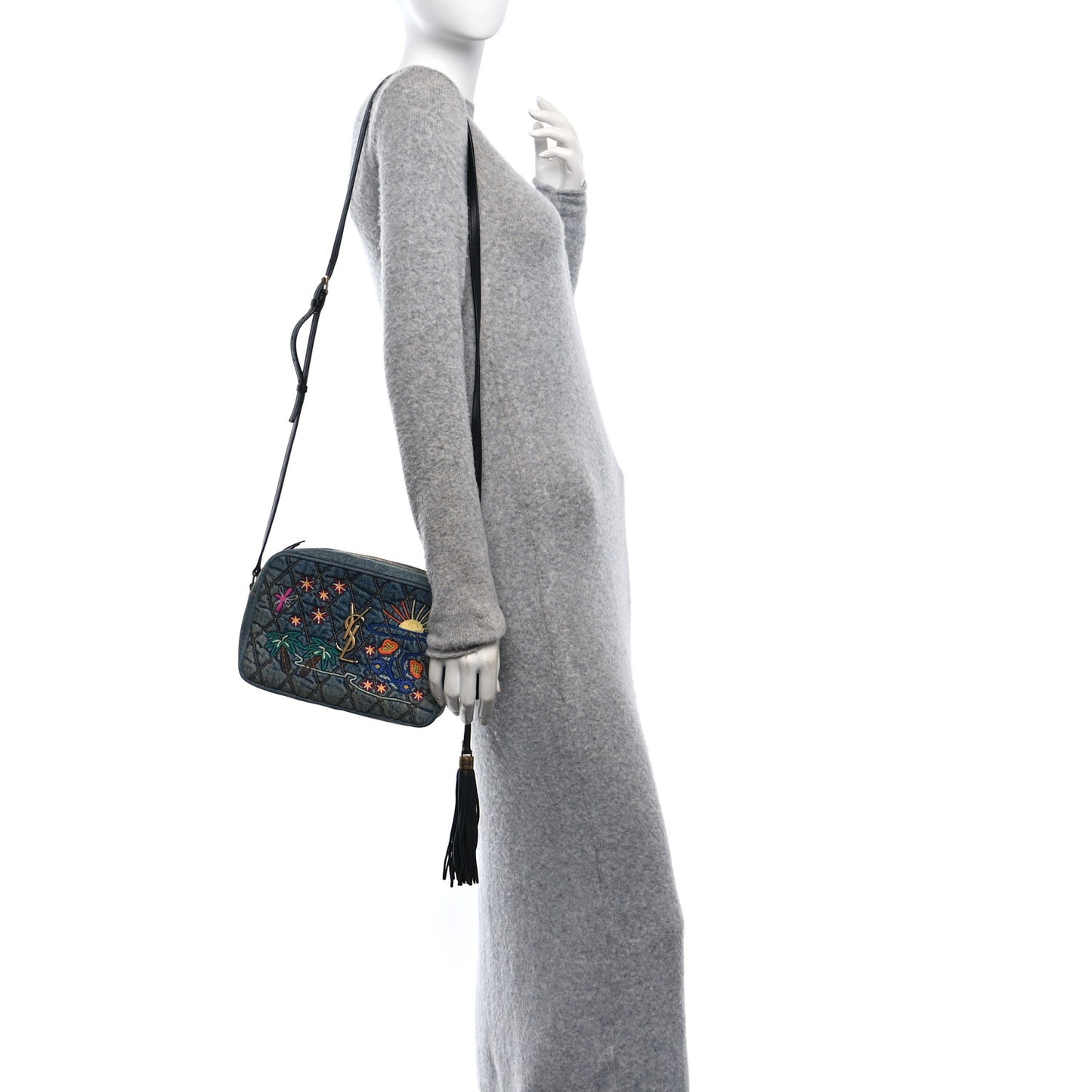 Denim Matelasse Quilted Summer Embroidered Classic Monogram Camera Bag Blue