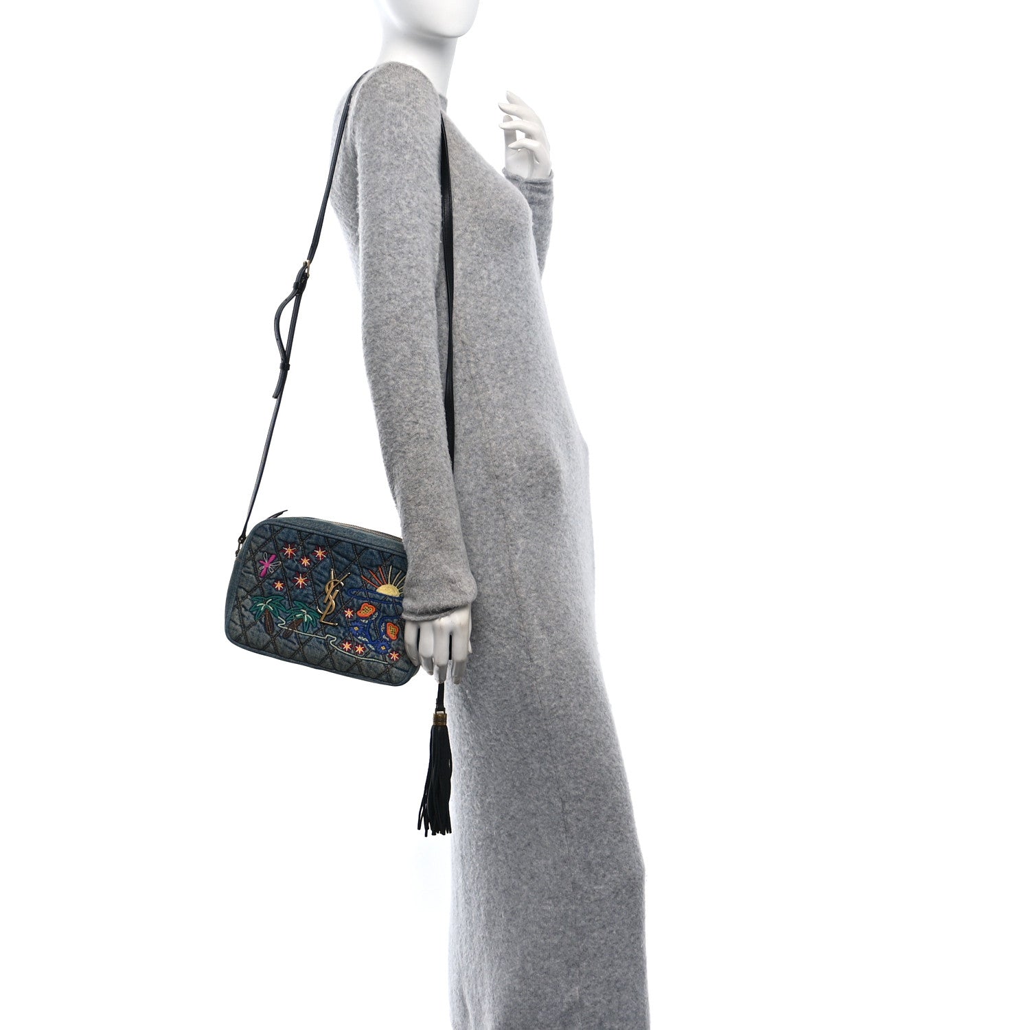 Saint Laurent Denim Matelasse Quilted Summer Embroidered Classic Monogram Camera Bag Blue 2 of 10