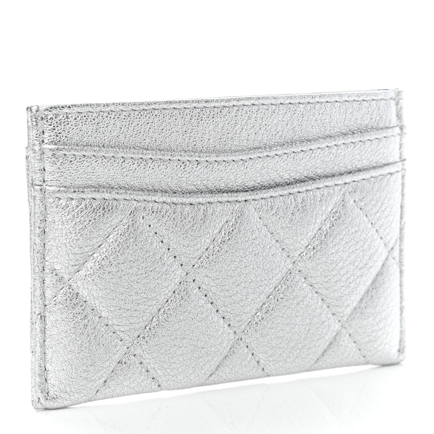 Metallic Goatskin Quilted CC Card Holder Silver
