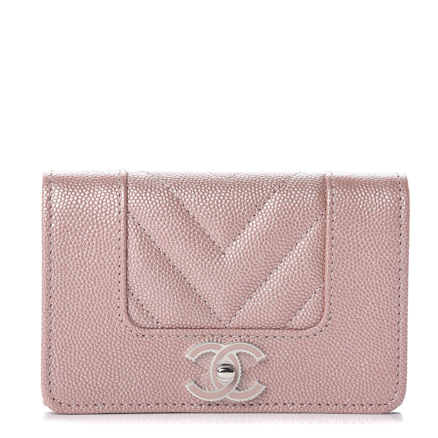 Metallic Caviar Chevron Quilted Vintage Mademoiselle Flap Card Holder Pink