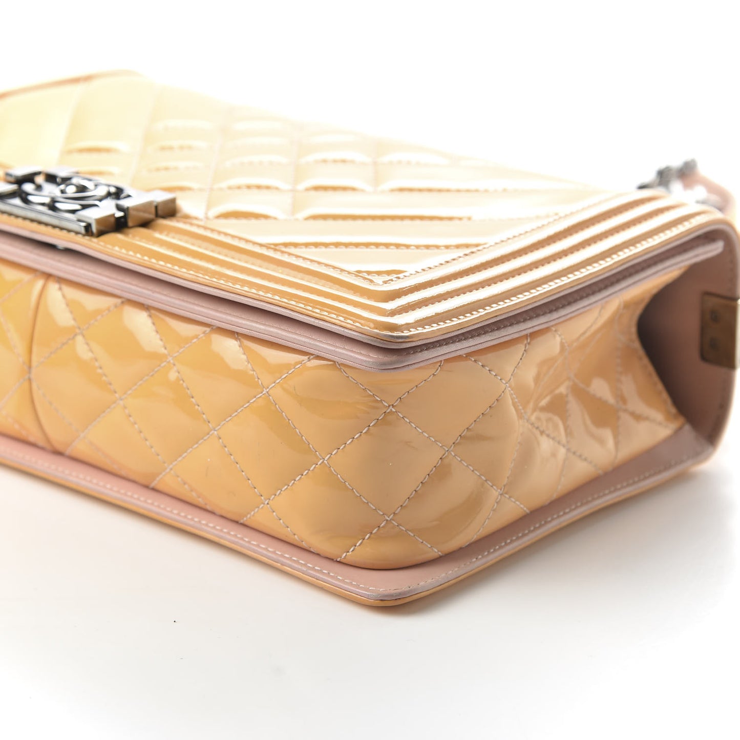 Patent Chevron Quilted New Medium Boy Flap Beige