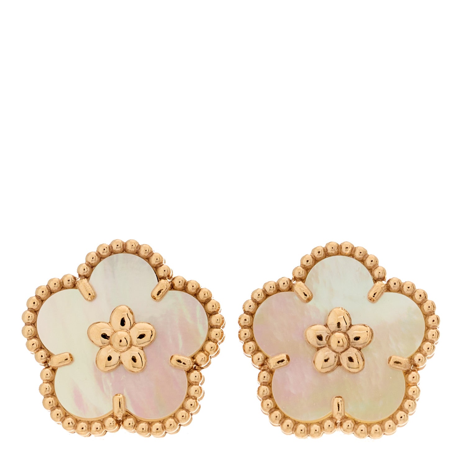 Van Cleef & Arpels 18K Rose Gold Mother of Pearl Lucky Springs Plum Blossom Earrings 1 of 5