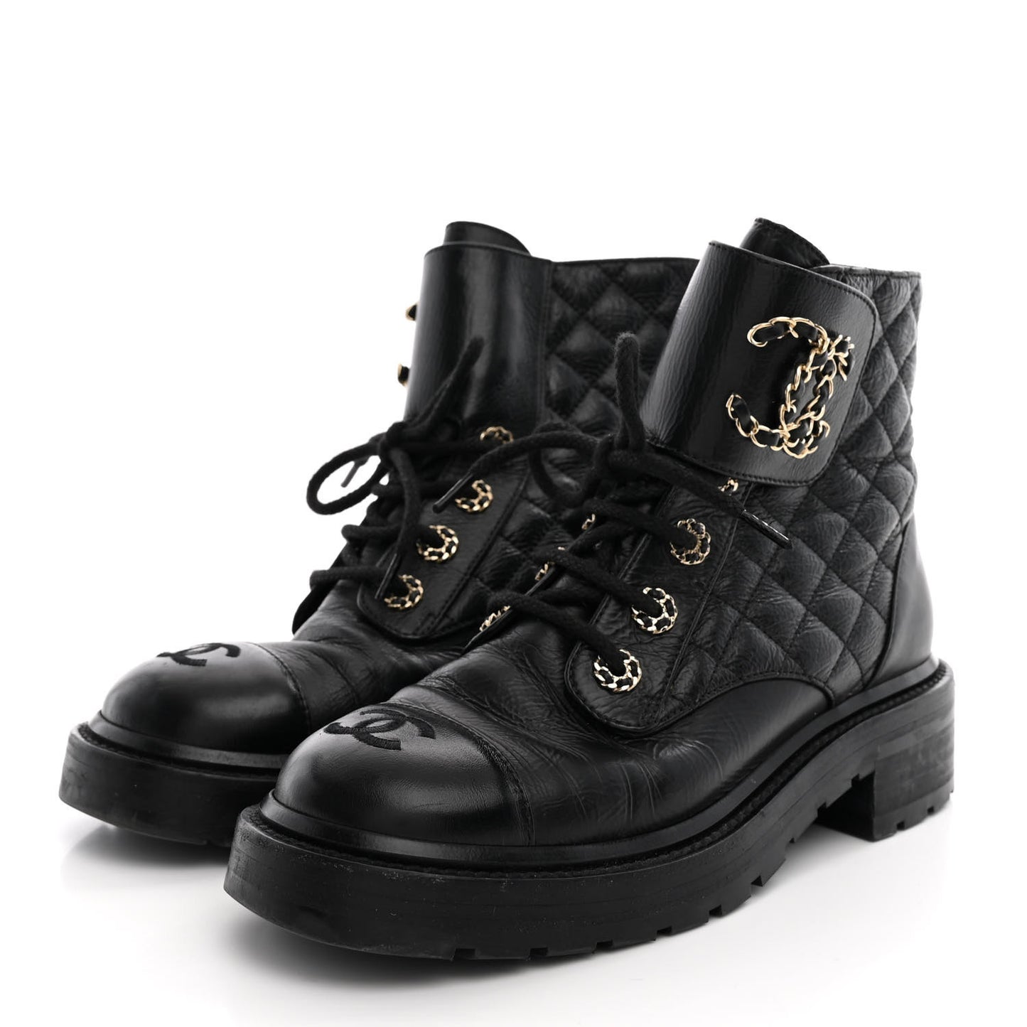 Shiny Calfskin Quilted Lace Up Combat Boots 37 Black