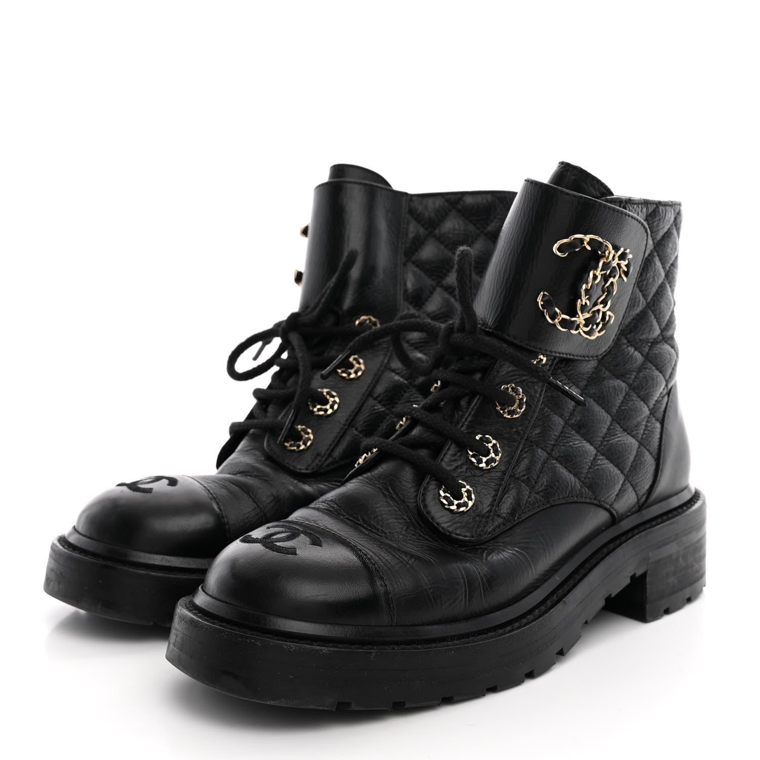 Chanel Shiny Calfskin Quilted Lace Up Combat Boots 37 Black 4 of 12