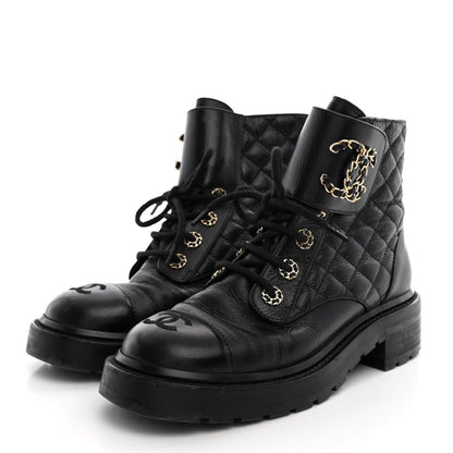 Chanel Shiny Calfskin Quilted Lace Up Combat Boots 37 Black 4 of 12