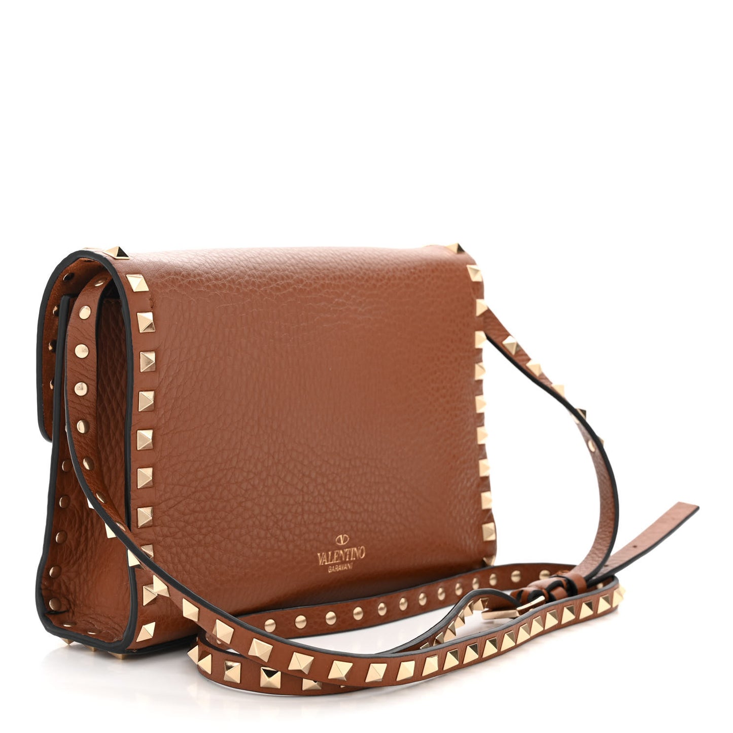 Pebbled Calfskin Medium Rockstud Flip Lock Crossbody Bag Brown