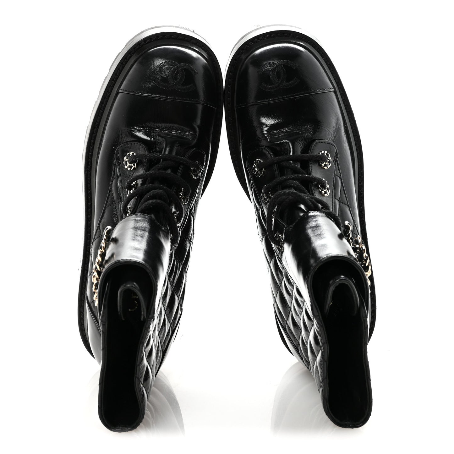 Shiny Calfskin Quilted Lace Up Combat Boots 37.5 Black