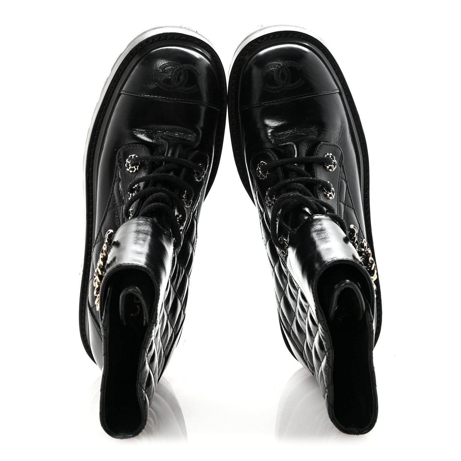 Chanel Shiny Calfskin Quilted Lace Up Combat Boots 37.5 Black 3 of 20