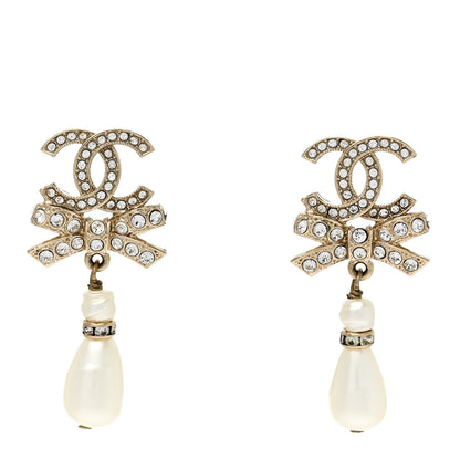 Chanel Crystal CC Bow Pearl Drop Earrings Gold Pearly White 1 of 4