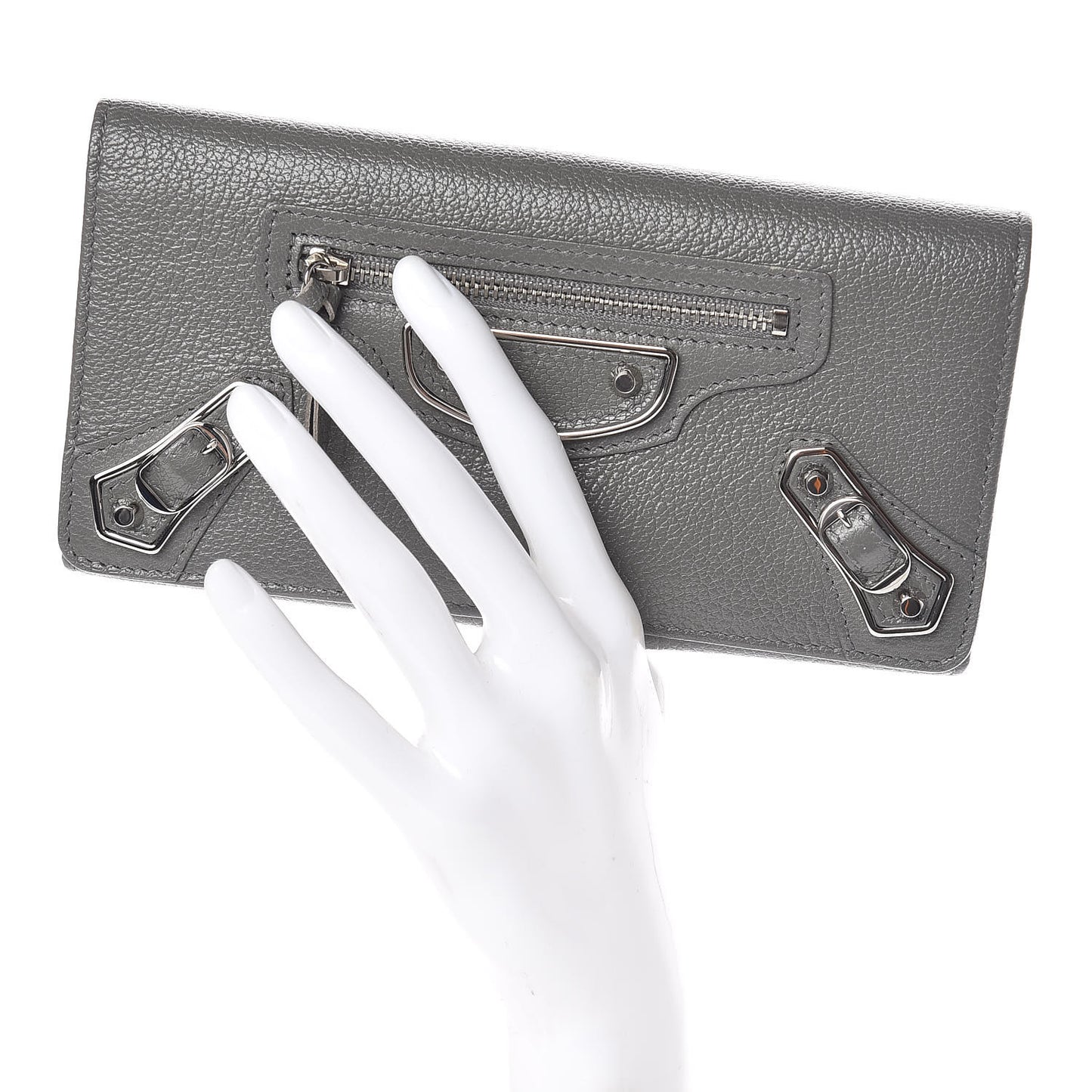 Chevre Silver Metallic Edge Hardware Money Wallet Gris Acier